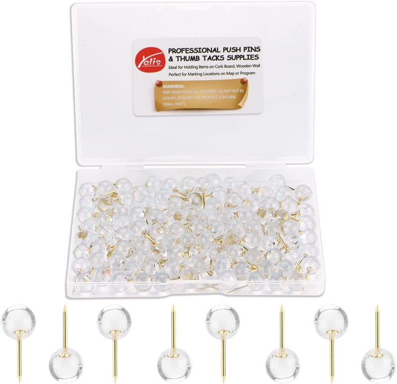 Yalis Push Pins 1/3 Inch Gold Map Tacks 100-Count Large Size Pins Golden Steel Point and Transparent Plastic Round Head (Gold) - Image 1